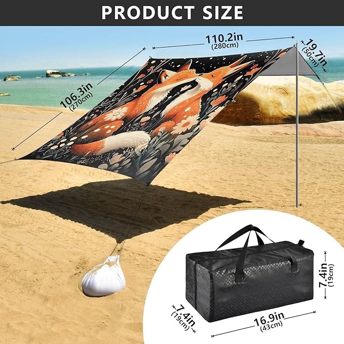 ALAZA Two Foxs Beach Tent Sun Shelter Portable Canopy Sunshade for Outdoor Camping Picnics Backyard Fun 10x9 ft
