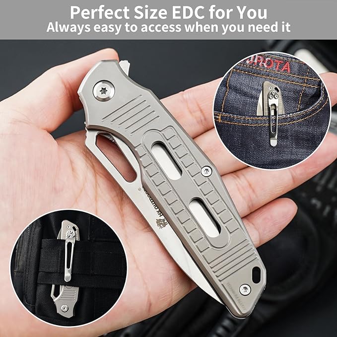 HX OUTDOORS Pocket Knife for Men Folding Knife with Clip D2 Steel Blade Titanium Handle Sharp EDC Tactical Knife for Camping Hiking Survival Outdoor Pocket Knives for Men Gift