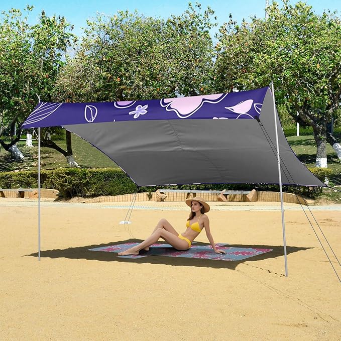 Beach Canopy with Windproof Ropes &amp Sandbags Beach Tent Sun Shade Sun Shelter for Camping Trips Fishing Backyard Fun or Picnics Purple Flowers