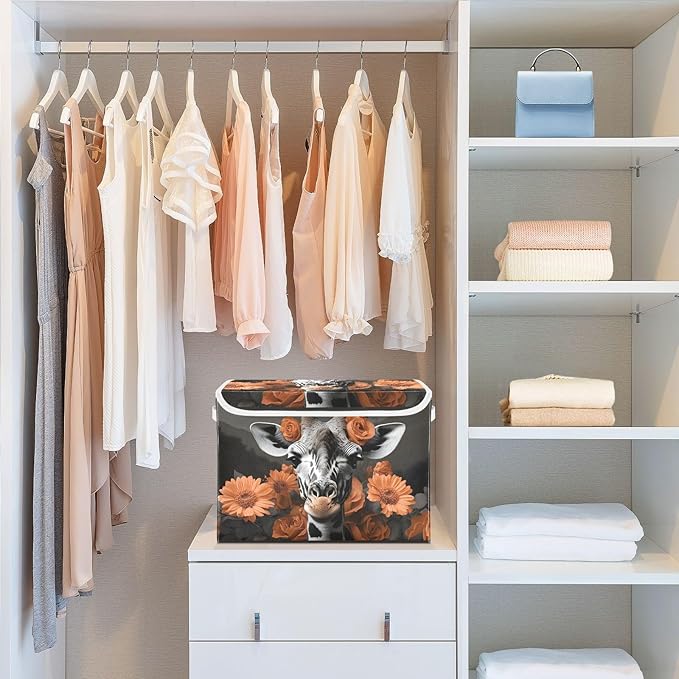AIXIWAWA Lidded Storage Cube (Orange Floral Giraffe) Fabric Foldable Closet Bins with Flip Lid and Handles Organizer Basket Container 16.5 x 12.6 x 11.8 IN