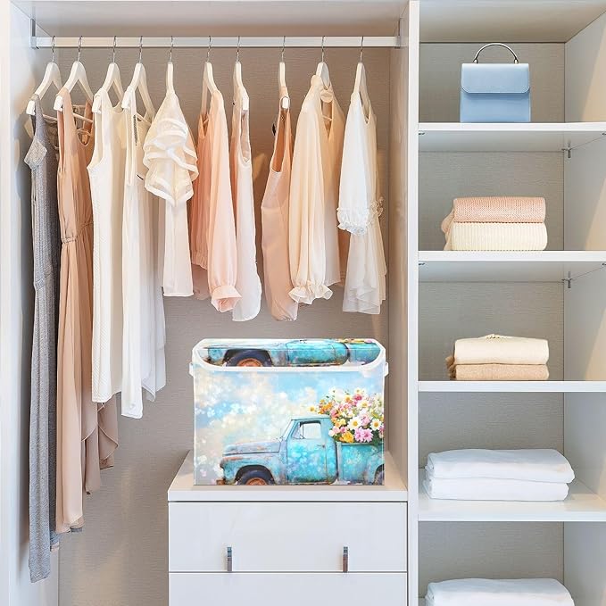 AIXIWAWA Lidded Storage Cube (Flower Truck) Fabric Foldable Closet Bins with Flip Lid and Handles Organizer Basket Container 16.5 x 12.6 x 11.8 IN