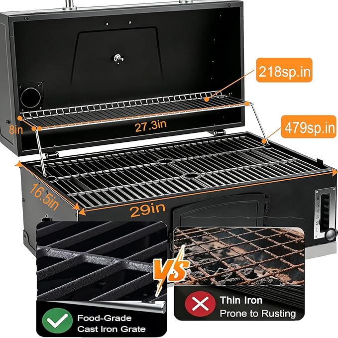 Large Built-in Barbecue Grills Charcoal BBQ Grills with Liftable Tray Insulated Hood &amp Temp Gauge Black Stainless Steel Charcoal BBQ Barrel Grill for Outdoor Kitchen Camping Park Style