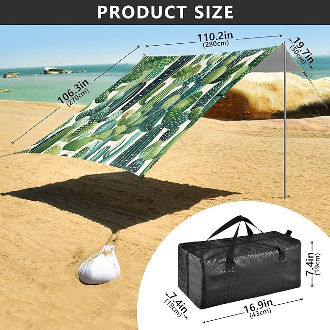 ALAZA Cactus Green Plants Beach Tent Sun Shelter Portable Canopy Sunshade for Outdoor Camping Picnics Backyard Fun 10x9 ft