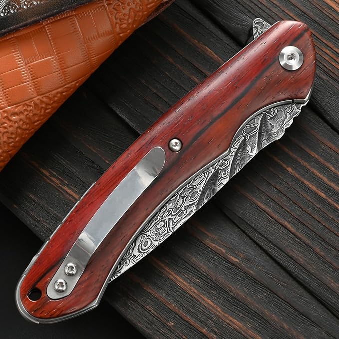 Sitivien ST242 Damascus Steel Folding KnifeFlipper Liner Lock Knife with Damascus VG10 Core BladeDalbergia Handle for Everyday Carry Hunting and Outdoor