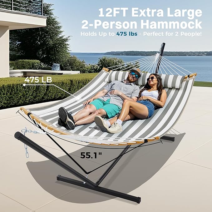 SUPERJARE Curved-Bar Hammock with Stand 2 Person Heavy Duty Hammock Frame Detachable Pillow &amp Portable Carrying Bag Perfect for Outdoor &amp Indoor Black and White Stripe