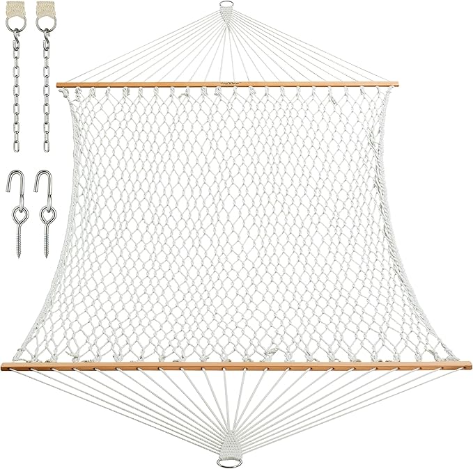 JoyView Traditional Rope Double Hammock - Hand Woven Polyester Hammock with Hardwood Spreader Bar 450lb Capacity for Outdoor Indoor Patio Yard - White