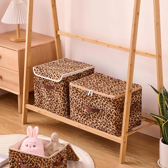 2PCS Storage Cubes with Flip-top Lid 11 Inch Leopard Print Velvet Fabric Cute Decorative Storage Bins Boxes PU Leather Handles Closet Organizer Container Foldable Washable Shelf Basket