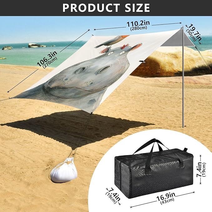 ALAZA Hippo Hippopotamus Bird Beach Tent Sun Shelter UPF50+ Protection Beach Shade Canopy w/ 4 Sandbags for Outdoor Camping Fishing Backyard Fun Picnic 10x9 ft
