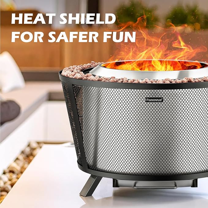 Panovue 29” Large Capacity Smokeless Fire Pit for OutsideHeavy‑Duty Wood Burning Firepit with Dual‑Wall Design Mesh Shield Pull‑Out Ash Pan Stylish Patio for Backyard Gatherings