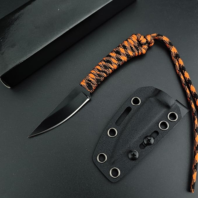 Portable EDC Fixed Blade Knife2.8'' 8Cr13Mov Steel BladeNylon Rope Handle with Kydex Sheath and PocketclipGifts for Men WomenLightweight Full Tang Knives for Camping Hiking Fishing (Orange)