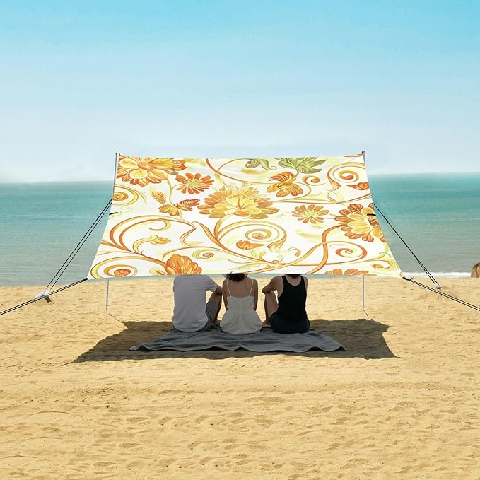 Beach Canopy with Windproof Ropes &amp Sandbags Beach Tent Sun Shade Sun Shelter for Camping Trips Fishing Backyard Fun or Picnics Flowers