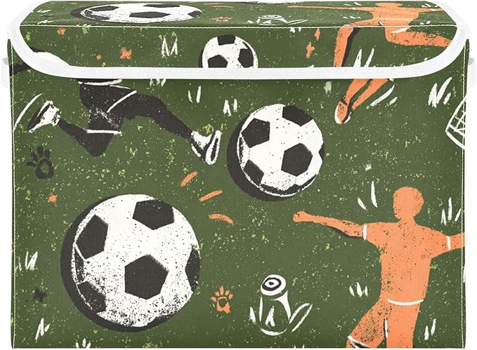 Green Soccer Player Ball Outline Storage Box with Lid 1 PC Foldable Storage Bin with Lids Stackable Storage Bins Cube Closet Organizer Basket with Flip-Top Lid &amp Handles for Shoes Books Towels