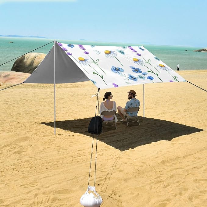 Beach Canopy with Windproof Ropes &amp Sandbags Beach Tent Sun Shade Sun Shelter for Camping Trips Fishing Backyard Fun or Picnics Purple Flower