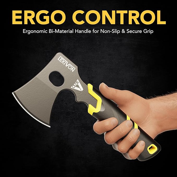 LEXIVON V-ONE Survival Hatchet 9.5 Full Tang Lightweight Axe | 6mm Stainless Steel Electro-Black Finish Blade Ergonomic Bi-Material Grip Handle | Protective Slim Sheath Included (LX-VONE-PP)