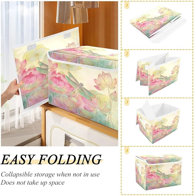 Dragonfly Lotuses Yellow Collapsible Storage Bins with Lids Decorative Fabric Cubes Closet Organizer Basket Boxes Containers for Clothes Box Chest Folding Rectangle