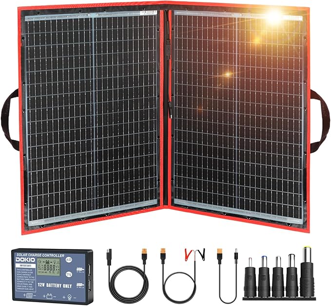 DOKIO 100W Portable Foldable Solar Panel Kit (19x26in 5.3lb) with Separate Controller and Dual USB Monocrystalline Charger for 12V Batteries &amp Power Stations RV Camping Trailer Emergency Backu