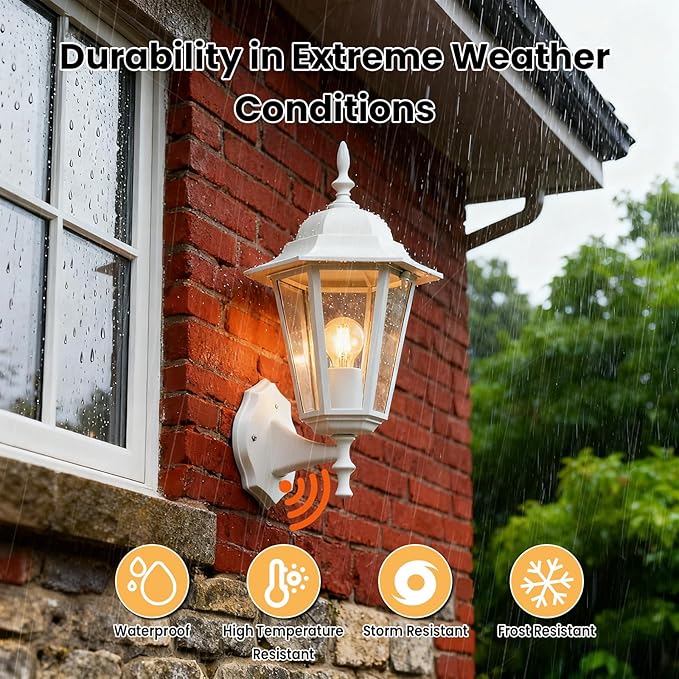 Dusk to Dawn Outdoor Wall Light 14.38 White Exterior Garage Lighting Fixtures Outdoor Porch Light Wall Mount Modern Outside Wall Lantern Sconce Sensor Dusk Dawn Light for House 1 Pack E26 Base