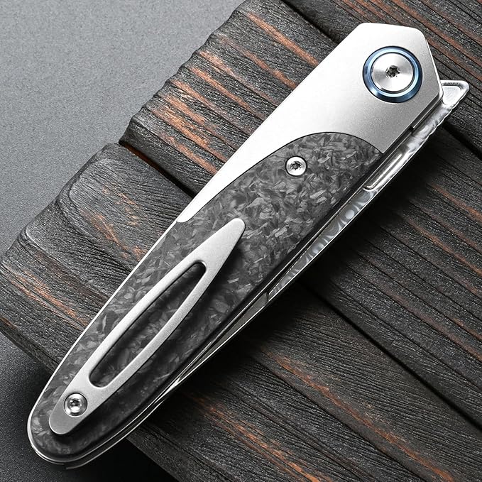 Sitivien ST245 Damascus Steel Folding Knives with Liner Lock Ball BearingTitanium Carbon Fiber Handle EDC Damascus Knife for Men Women(Gray) … …
