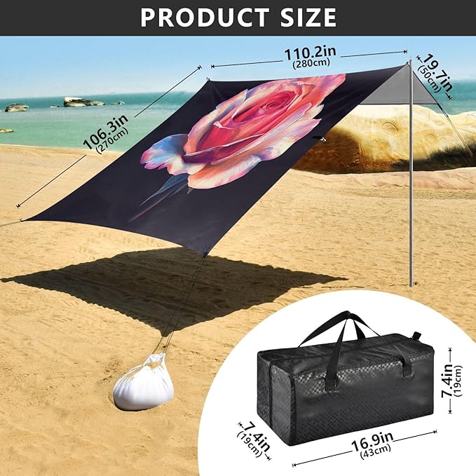 ALAZA Pink Rose Flower Romantic Beach Tent Sun Shelter UPF50+ Protection Beach Shade Canopy w/ 4 Sandbags for Outdoor Camping Fishing Backyard Fun Picnic 10x9 ft