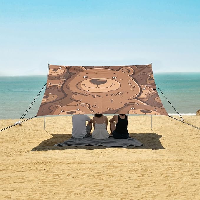 ALAZA Cartoon Brown Bear in Cute Bear Crowd Beach Tent Sun Shelter Portable Canopy Sunshade for Outdoor Camping Picnics Backyard Fun 10x9 ft