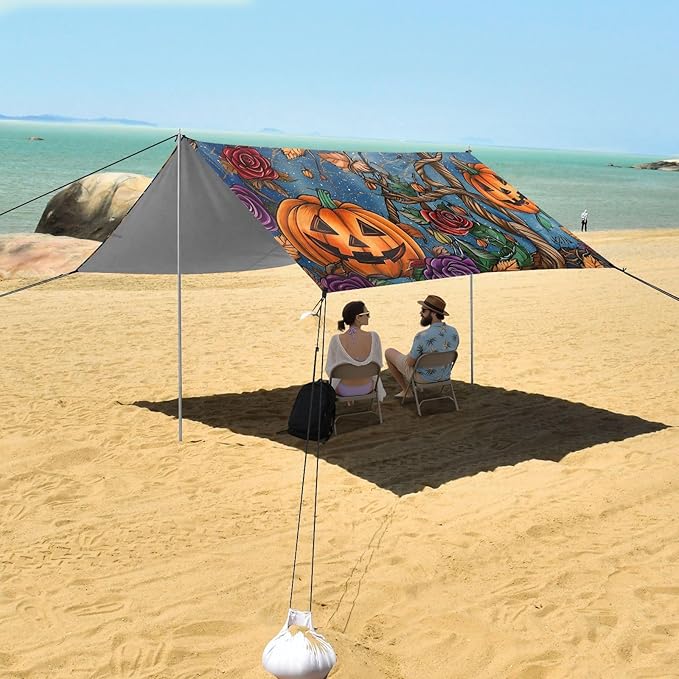 ALAZA Pumpkin Spider Web Beach Tent Sun Shelter Portable Canopy Sunshade for Outdoor Camping Picnics Backyard Fun 10x9 ft