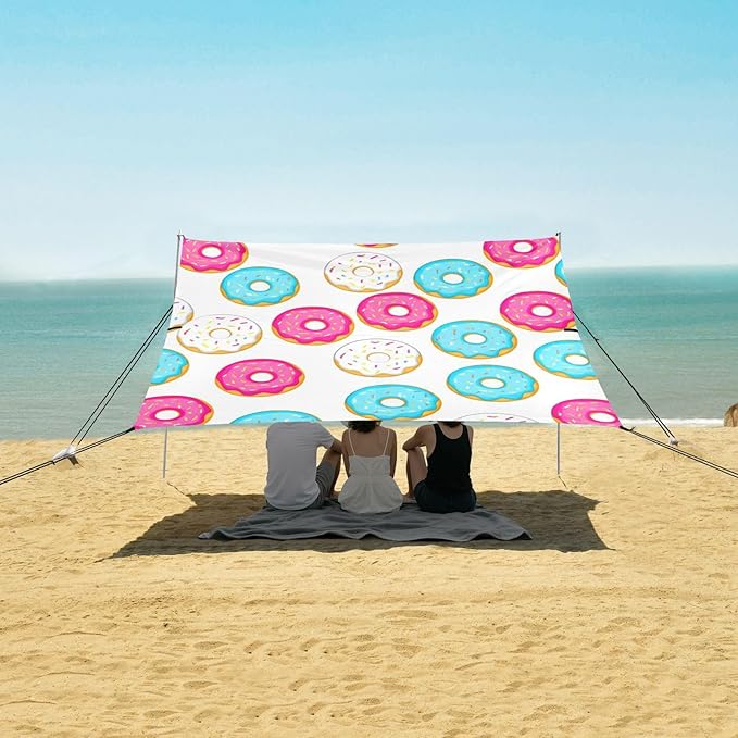 Beach Canopy with Windproof Ropes &amp Sandbags Beach Tent Sun Shade Sun Shelter for Camping Trips Fishing Backyard Fun or Picnics Donuts