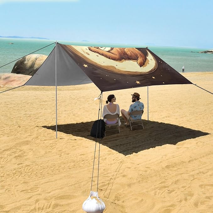 ALAZA Sloth Moon Stars Beach Tent Sun Shelter Portable Canopy Sunshade for Outdoor Camping Picnics Backyard Fun 10x9 ft