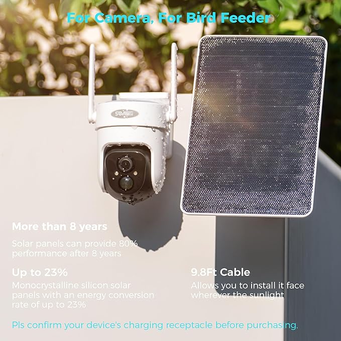 5V 8W Solar Panel for Security Camera For Bird Feeder 4G AOV Trail Cam Ring Tapo Eufy Vicohome Eseecloud Native USB-C Micro-USB &amp DC 3.5mm*1.35mm 23% Conversion 9.8 Ft 180 Days Exchange Po