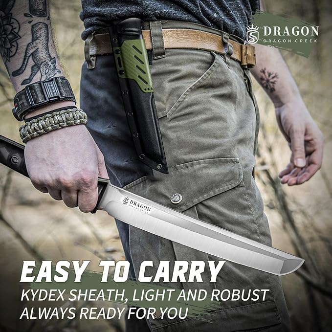 Dragon Creek Tactical Knife Kydex - Outdoor Fixed Blade Survival Knife with Sheath Full Tang Handle for Camping Hiking Christmas Thanksgiving Gift Men Green