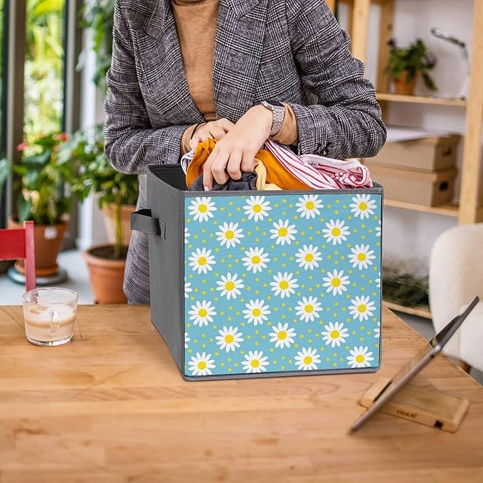 Practical Folding Storage Bins Daisy Flowers Sturdy Container for Wardrobe Kitchen Simplistic Storage Solution