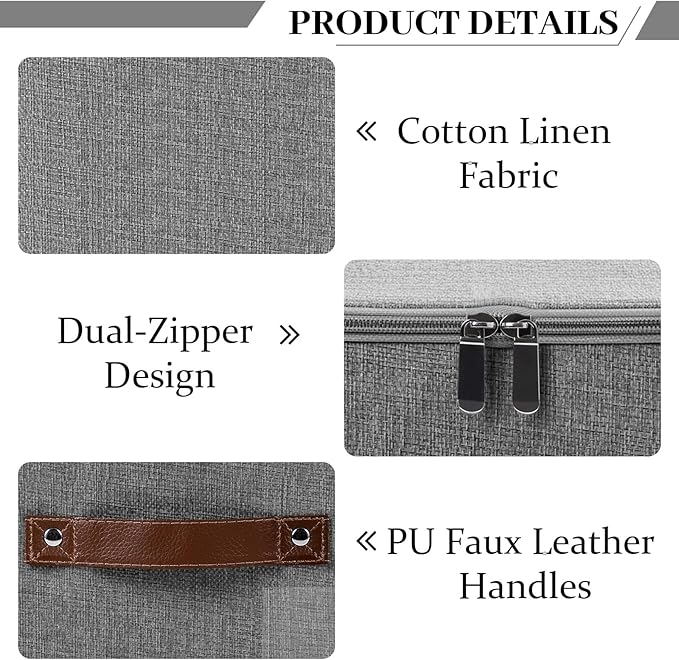 Lucky Monet 3PCS Storage Bins with Zipper Lids 10x8x7 Foldable Lidded Fabric Storage Boxes Baskets Cotton Linen Closet Shelf Clothes Organizer Container with Handles &amp Label Pocket (Grey Small