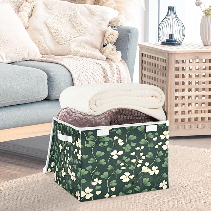 Shamrock Storage Baskets with Lids and Handles St. Patrick's Day Collapsible Bins Stackable Fabric Linen Baskets Closet Organizer Container 16.5x12.6x11.8