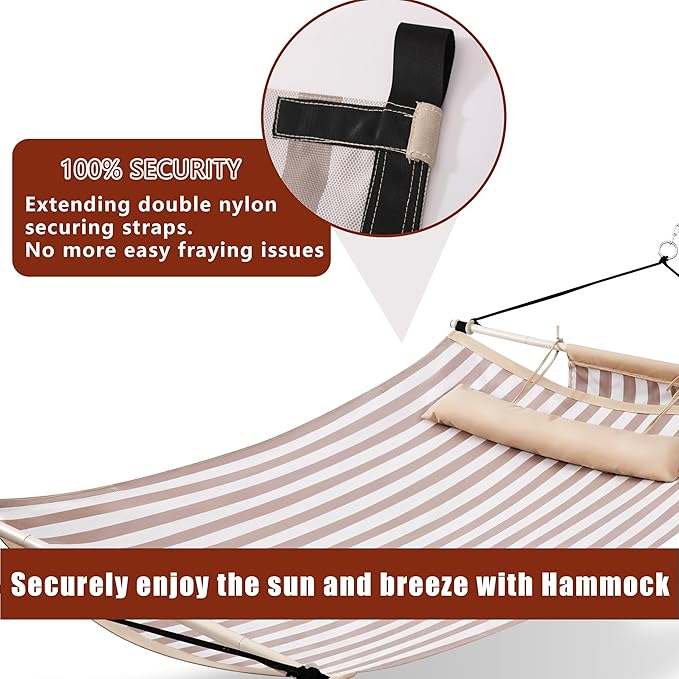 TegerDeger Anti-flip 12FT Hammock Large Hammock 450LB Capacity with Iron Spreader Bar &amp Nylon Rope for Outside Patio Garden Backyard Beach - Beige Strips