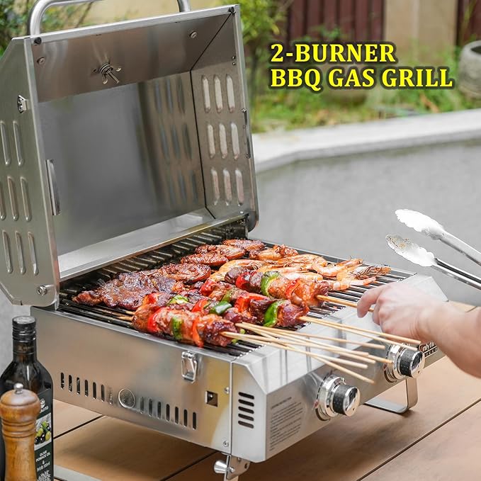 ONLYFIRE GRILLS Tabletop Gas Grill 2 Burners 20 Portable Propane Grill with Foldable Legs for Outdoor Patio Backyard Camping Tailgating RV Trip Beach Stainless Steel Gas Stove 16000BTU GS322