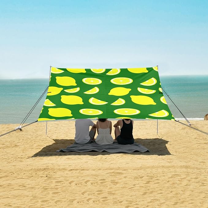 Beach Canopy with Windproof Ropes &amp Sandbags Beach Tent Sun Shade Sun Shelter for Camping Trips Fishing Backyard Fun or Picnics Lemon