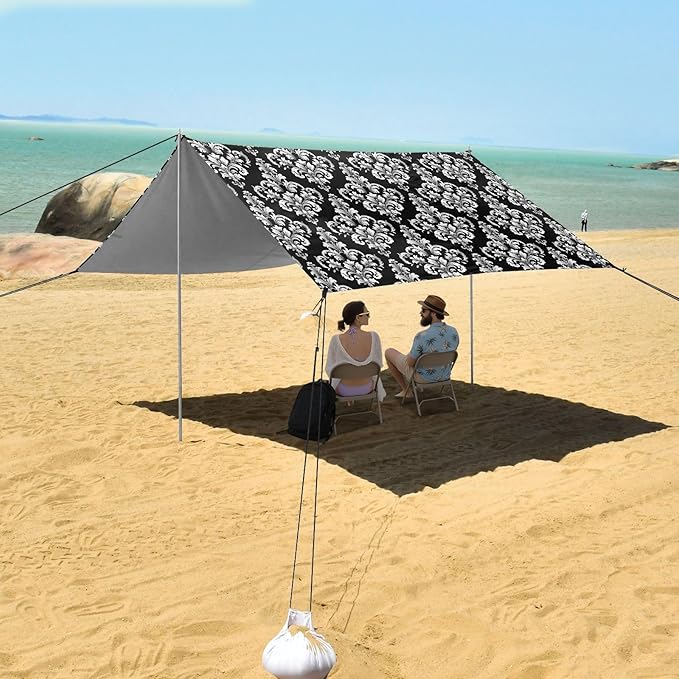 ALAZA Classical Damask Ornament Beach Tent Sun Shelter UPF50+ Protection Beach Shade Canopy w/ 4 Sandbags for Outdoor Camping Fishing Backyard Fun Picnic 10x9 ft