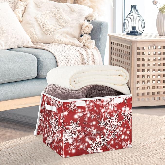 senya Christmas Baskets Collapsible Storage Bins with Lids Christmas Background with Snowflakes Red Storage Boxes Clothes Baskets for Organizing