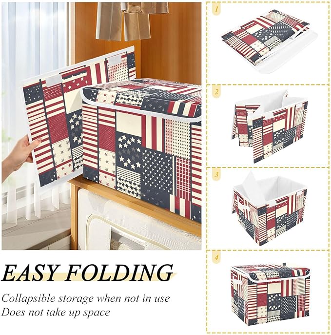 Collapsible Storage Bins with Lids Decorative Fabric Storage Cubes Closet Organizer and Storage Basket Boxes Containers for Clothes Box Chest Nursery Folding Rectangle July 4th Textile Flag