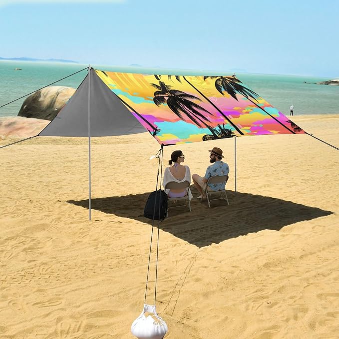 Beach Canopy with Windproof Ropes &amp Sandbags Beach Tent Sun Shade Sun Shelter for Camping Trips Fishing Backyard Fun or Picnics Palm Tree