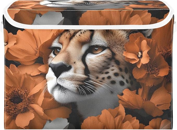 AIXIWAWA Lidded Storage Cube (Cheetah Flower) Fabric Foldable Closet Bins with Flip Lid and Handles Organizer Basket Container 16.5 x 12.6 x 11.8 IN