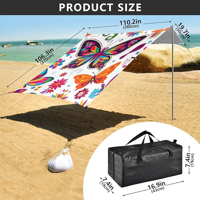 ALAZA Flower Butterfly Floral Boho Beach Tent Sun Shelter UPF50+ Protection Beach Shade Canopy w/ 4 Sandbags for Outdoor Camping Fishing Backyard Fun Picnic 10x9 ft