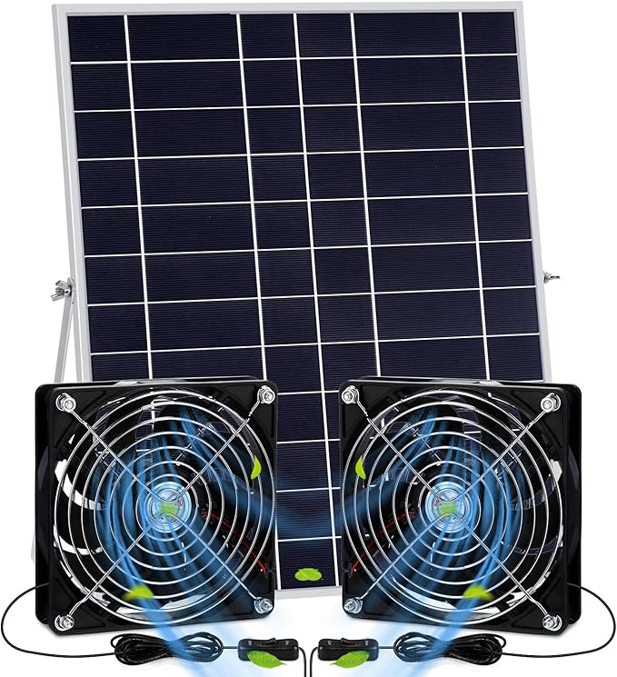 Glooglitter 20w Solar Powered Fan Kit for Chicken Coop IP67 Waterproof Dual Solar Greenhouse Fan 3500 RPM High Speed Exhaust Fan with 10ft Cable for Shed Pet House Window Outside Inside(1 Set)