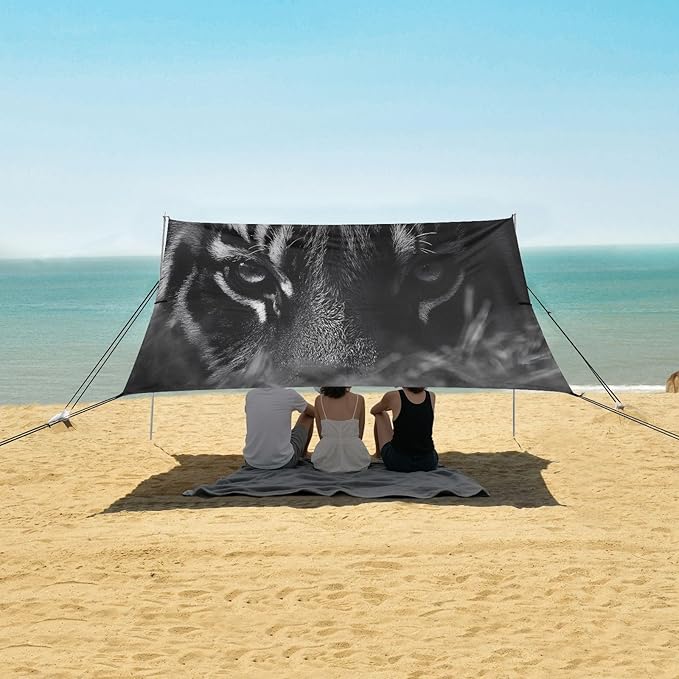 Hunting Tiger Eyes Beach Tent Sun Shelter Set UPF50+ UV Protection 10.5 x 9.19 FT Camping Shade Canopy with Sandbags Sand Anchors Carrying Bag and Others