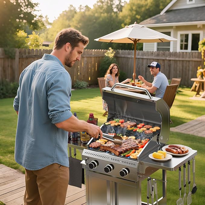 Electactic G31 Gas Grill 3-Burner Gas Grill with Folding Side TablesStainless Steel 24000 BTU BBQ GrillOutdoor Propane Grill for BarbecuePatioCamping