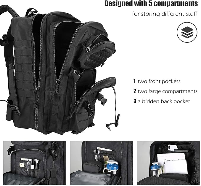 ProCase Tactical Backpack 42L Large Rucksack 3 Day Outdoor Military Army Assault Pack Go Bag Backpacks -Black
