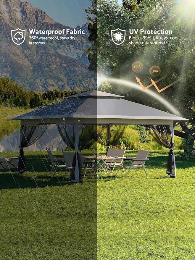 13x13ft Pop Up Gazebo Outdoor Canopy Tent with Mosquito Netting Heavy Duty Party Tent Shelter with Waterproof and Ultraviolet Double Roof for Backyard Garden Lawn and Deck (Grey)
