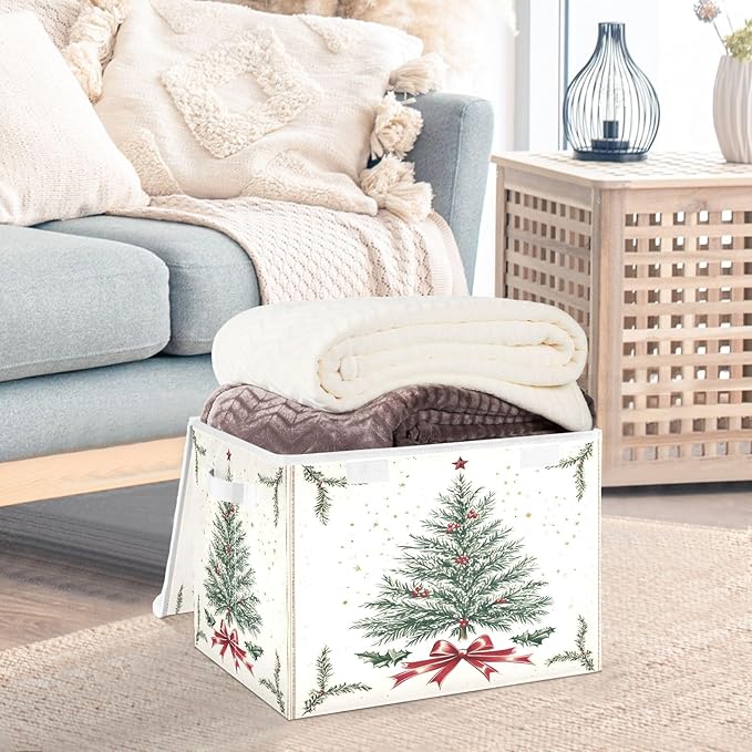 Bolaz Storage Bins with Lids and HandlesRed Ribbon Christmas Tree Storage Box Storage Basket with Cover Collapsible Organizer Containers for Home Closet Shelves