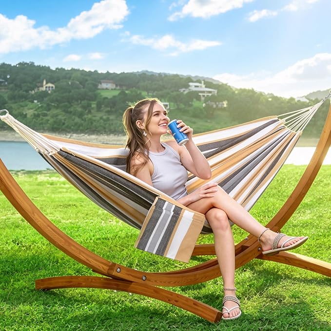 SUNCREAT Hammocks Freestanding Hammock with 10 ft Wooden Stand Included Stand Alone Hammock for Outside 475 lbs Capacity Coffee