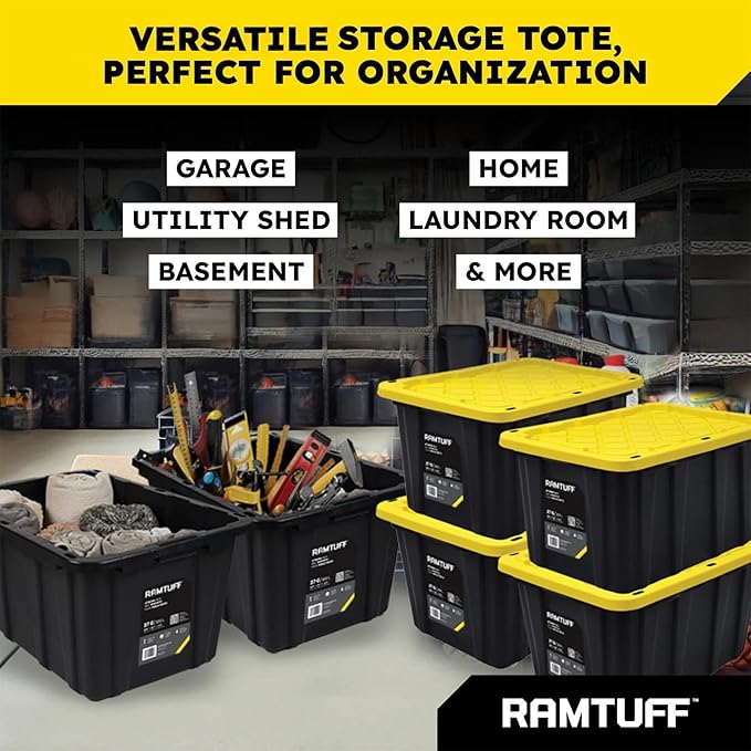 Ramtuff 6 Pack Heavy Duty Stackable Storage Container Snap-Tight Lid 27 Gallon and ORGANIZE-IT! 4 Pack 6 Slot Tote Dividers for Storage Containers