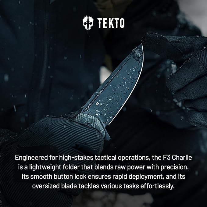 TEKTO F3 Charlie Button Lock Folding Knife Oversized Fine Edge Blade - Easy Open Pocket Knife with Titanium Coated D2 Steel &amp Black Titanium Barrel Spacers